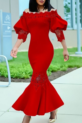 Red Casual Solid Patchwork Off the Shoulder Long Dress Dresses