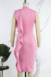 Pink Casual Solid Patchwork Turtleneck Sleeveless Dress Dresses