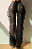 Schwarze, lässige, solide Patchwork-Unterseite mit durchsichtiger, fadenförmiger Webkante, lockere, gerade, einfarbige Hose mit mittlerer Taille (ohne Slip)