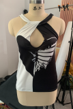 Black Sweet Print Hollowed Out Backless O Neck Tops