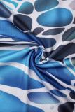 Blauwe casual print uitgeholde U-hals jurken met lange mouwen