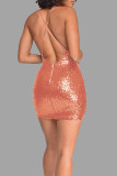 Champagne Sexy Solid Sequins Backless Zipper Spaghetti Strap One Step Skirt Dresses