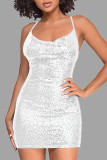 Silver White Sexy Solid Sequins Backless Zipper Spaghetti Strap One Step Skirt Dresses
