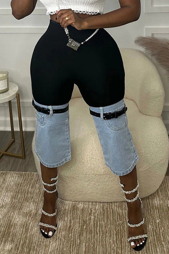 Blue Street Color Block Pocket Contrast Regular High Waist Straight Patchwork Bottoms