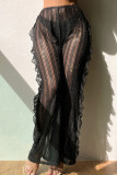 Schwarze, lässige, solide Patchwork-Unterseite mit durchsichtiger, fadenförmiger Webkante, lockere, gerade, einfarbige Hose mit mittlerer Taille (ohne Slip)