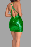 グリーン セクシー ソリッド スパンコール バックレス ジッパー スパゲッティ ストラップ ワン ステップ スカート ドレス