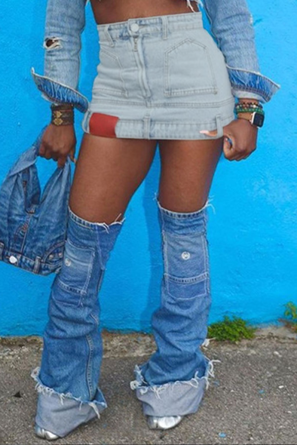 Pantalones de color sólido rectos de cintura alta regular con parche de patchwork sólido de calle azul