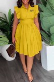 Yellow Casual Print Letter Turndown Collar Waist Skirt Dresses