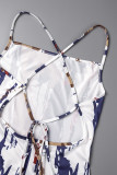 ホワイトエレガントプリントパッチワークバックレスストラップデザインスパゲッティストラップワンステップスカートドレス