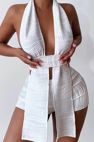 White Sexy Casual Solid Patchwork Backless Sleeveless Halter Top And Ultra Short Shorts Set