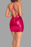Rose Red Sexy Solid Pailletten Backless Rits Spaghetti Band One Step Rokjurken