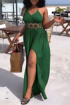 La fasciatura solida casuale sexy verde ha scavato i vestiti lunghi del vestito dalla cinghia di spaghetti senza schienale