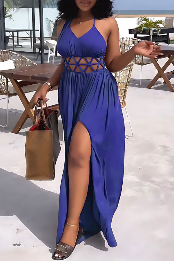 Blue Sexy Casual Solid Bandage Hollowed Out Backless Spaghetti Strap Long Dress Dresses