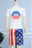 Blue Red Casual Flag Stars Print Short Sleeve Tassel Striped T Shirts Two Pieces Shorts Set