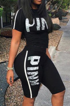 Черная повседневная спортивная одежда с принтом букв, базовый, с круглым вырезом, с коротким рукавом, из двух предметов