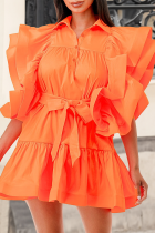Tangerine Röd Sweet Solid Patchwork-knappar Vik turndown-krage A Line-klänningar (med skärp)