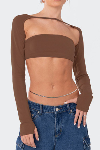 Brown Sexy Solid Patchwork Backless Strap Design Tops taille haute sans bretelles