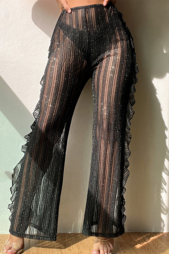 Black Casual Solid Patchwork See-through Stringy Selvedge Loose Mid Waist Straight Solid Color Bottoms(Without  Briefs)