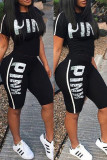 Black Casual Sportswear Letter Print Basic O Neck Short Sleeve Two Pieces Crop Tops And Short Set