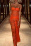 Tangerine Red Sexy Solid Lace Patchwork See-through Backless Bustier Enveloppé Jupe Robes