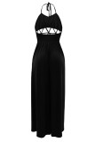 Black Sexy Casual Solid Bandage Hollowed Out Backless Spaghetti Strap Long Dress Dresses