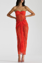 Tangerine Red Sexy Solid Lace Patchwork See-through Backless Strapless Wrapped Skirt Jurken