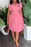Pink Casual Print Letter Turndown Collar Waist Skirt Dresses
