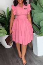 ピンク カジュアル プリント レター ターンダウン カラー ウエスト スカート ドレス