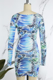 Blå Casual Print urholkad U-hals långärmade klänningar