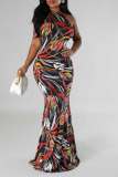 Black Casual Daily Vacation Simplicity Floral Printing Halter African Print Dresses for Women
