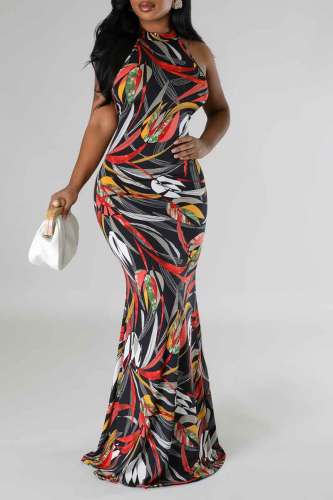 Noir décontracté vacances quotidiennes simplicité impression florale licou robes imprimées africaines pour les femmes