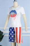 White Casual Flag Stars Print Short Sleeve Tassel Striped T Shirts Two Pieces Shorts Set