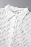 White Casual Solid Patchwork Contrast Turndown Collar Short Sleeve Two Pieces Crochet Button Down Short Set