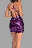 Purple Sexy Solid Sequins Backless Zipper Spaghetti Strap One Step Skirt Dresses