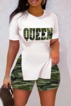 White Casual Letter Camouflage Print Slit O Neck Short Sleeve Two Pieces