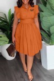 Orange Casual Print Letter Turndown Collar Waist Skirt Dresses