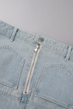 Blaue Street Solid Patchwork-Patch-Hose mit normaler, gerader, einfarbiger Hose und hoher Taille
