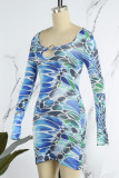 Blauwe casual print uitgeholde U-hals jurken met lange mouwen