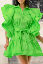 Grüne, süße, solide Patchwork-Knöpfe, Falten, Umlegekragen, A-Linien-Kleider (mit Gürtel)