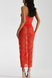 Tangerine Red Sexy Solid Lace Patchwork See-through Backless Bustier Enveloppé Jupe Robes