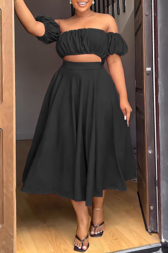 Black Casual Solid Backless Off the Shoulder Short Sleeve Two Pieces