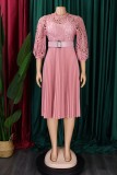 Pink Casual Solid Hollowed Out With Belt O Neck Pleated Dresses