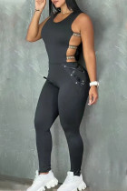 Black Street Solid Hollowed Out Letter Strap Design U-hals skinny jumpsuits