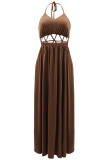 Brown Sexy Casual Solid Bandage Creusé Backless Spaghetti Strap Robes Longues