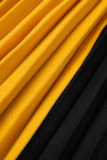 Robes plissées jaunes décontractées élégantes à plis contrastés et à col rabattu (avec ceinture)
