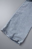 Blue Casual Patchwork Contrast Zipper Collar Regular Flare Leg Colorblock Denim Jumpsuits
