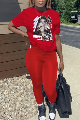 Red Casual Print Basic O Neck Short Sleeve Two Pieces
