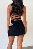 Black Sexy Solid Hollowed Out Frenulum Backless Sleeveless Dress Dresses