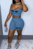 Light Blue Sexy Casual Print Backless Spaghetti Strap Sleeveless Two Pieces