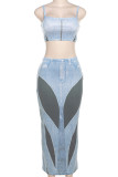 Blue Sexy Casual Print Backless Spaghetti Strap Sleeveless Two Pieces